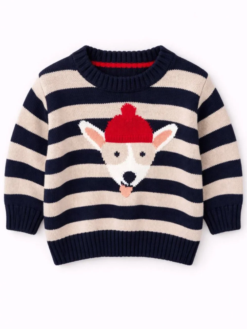 NWT Cat & Jack 12M Baby Boy Sweater Dog Knit Striped Navy Beige Winter Pullover - Picture 2 of 3